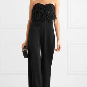 Saloni Ostrich feather strapless jumpsuit